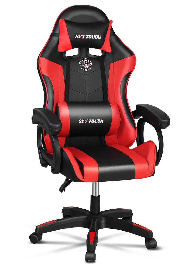 SKY-TOUCH Gaming Chair Upgrade your setup with this adjustable gaming chair in sleek red and black PU leather. It offers high back and lumbar support for optimal comfort, along with adjustable armrests and a headrest to reduce fatigue during long hours of gaming or work. Perfect for style, comfort, and functionality. - Image 1