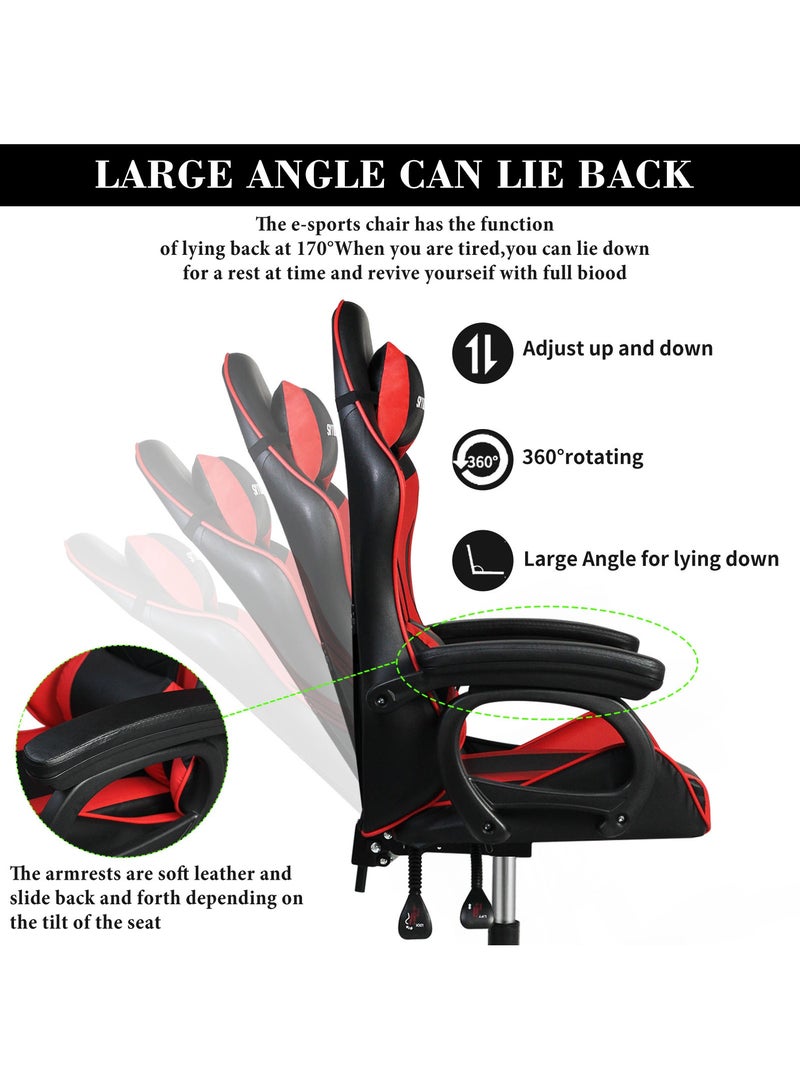 SKY-TOUCH Gaming Chair Upgrade your setup with this adjustable gaming chair in sleek red and black PU leather. It offers high back and lumbar support for optimal comfort, along with adjustable armrests and a headrest to reduce fatigue during long hours of gaming or work. Perfect for style, comfort, and functionality. - Image 5