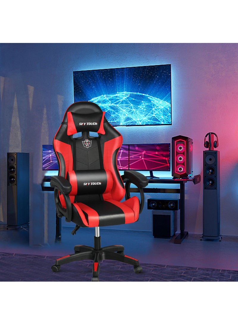 SKY-TOUCH Gaming Chair Upgrade your setup with this adjustable gaming chair in sleek red and black PU leather. It offers high back and lumbar support for optimal comfort, along with adjustable armrests and a headrest to reduce fatigue during long hours of gaming or work. Perfect for style, comfort, and functionality. - Image 3