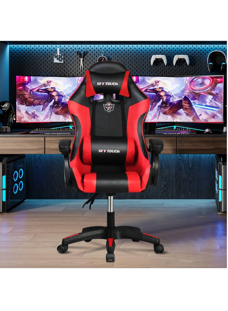 SKY-TOUCH Gaming Chair Upgrade your setup with this adjustable gaming chair in sleek red and black PU leather. It offers high back and lumbar support for optimal comfort, along with adjustable armrests and a headrest to reduce fatigue during long hours of gaming or work. Perfect for style, comfort, and functionality. - Image 2