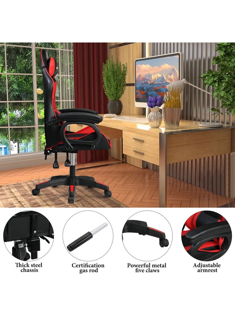 SKY-TOUCH Gaming Chair Upgrade your setup with this adjustable gaming chair in sleek red and black PU leather. It offers high back and lumbar support for optimal comfort, along with adjustable armrests and a headrest to reduce fatigue during long hours of gaming or work. Perfect for style, comfort, and functionality. - Image 4