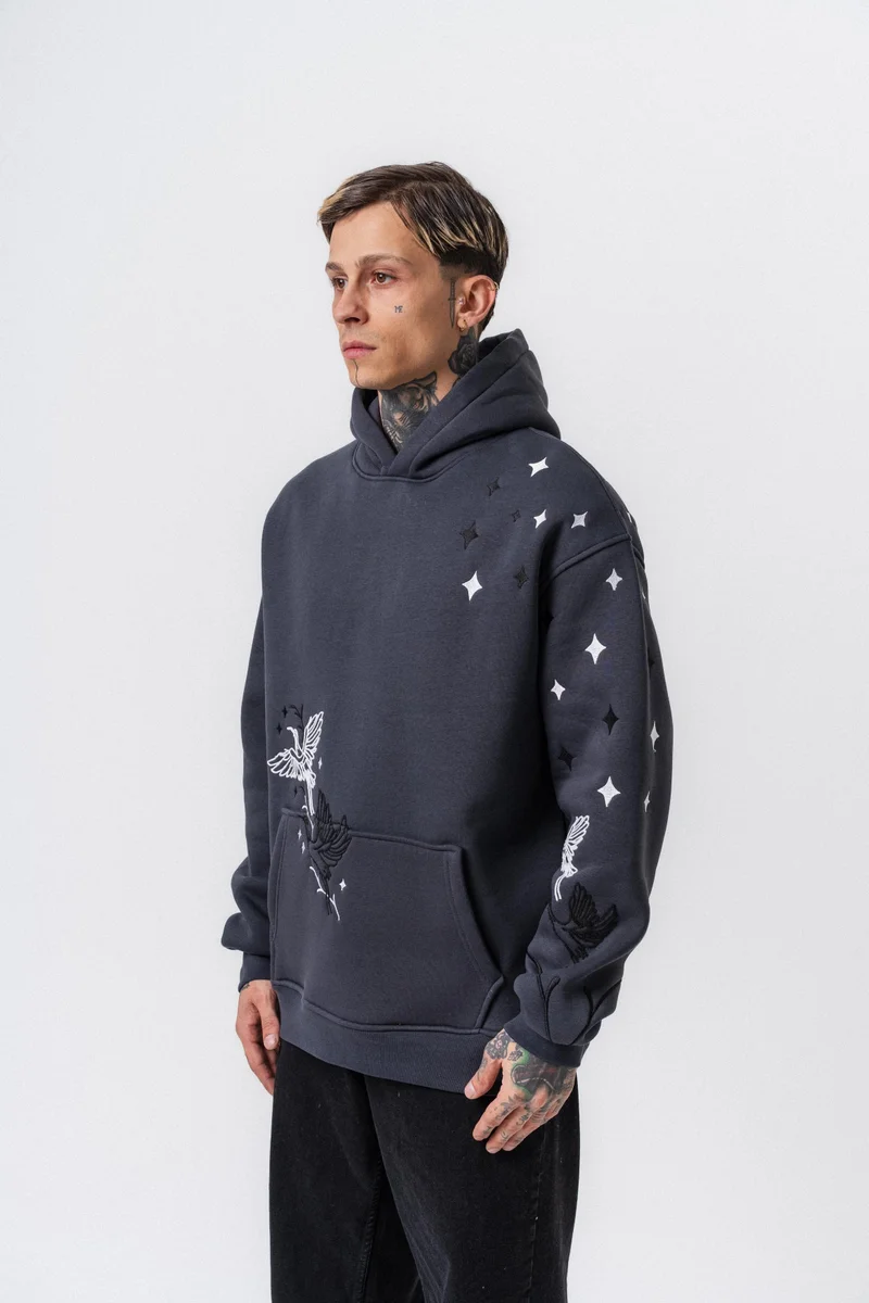 ريسباير هودي رجالي واسع مطرز باللون الرمادي الدخاني