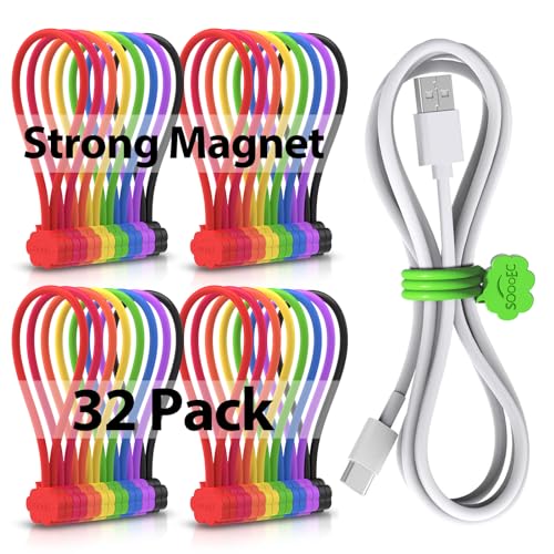 SOOOEC Snap On Magnetic Cable Ties, 32 Pack 7.2" Magnetic Cord Organizer Cute Cloud Design, Silicone Twist Ties with Strong Magnet for Bundling and Cable Management, Fridge Magnets, Assorted Colors. - Image 1