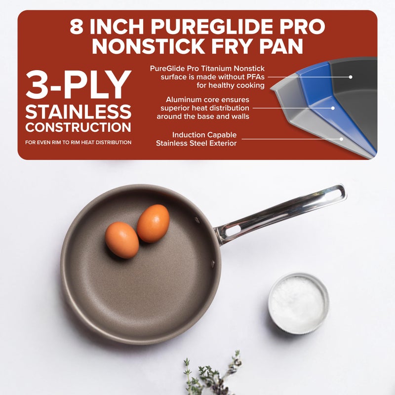 Viking PureGlide Pro 3-Ply Nonstick Frying Pan, Made without PFAS, 8-Inch Induction Cookware, Metal Utensil Safe Titanium Nonstick Surface, Oven Safe to 600F - Image 2
