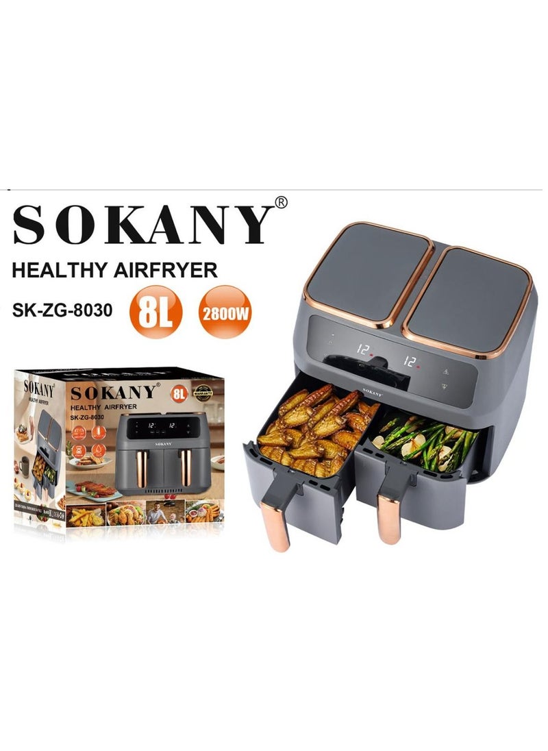 sokany مقلاة هوائية سعة 8 لتر من سوكاني خالية من الزيت مع هيكل من الفولاذ المقاوم للصدأ للشواء والخبز مع شاشة لمس LED كبيرة  - Image 1