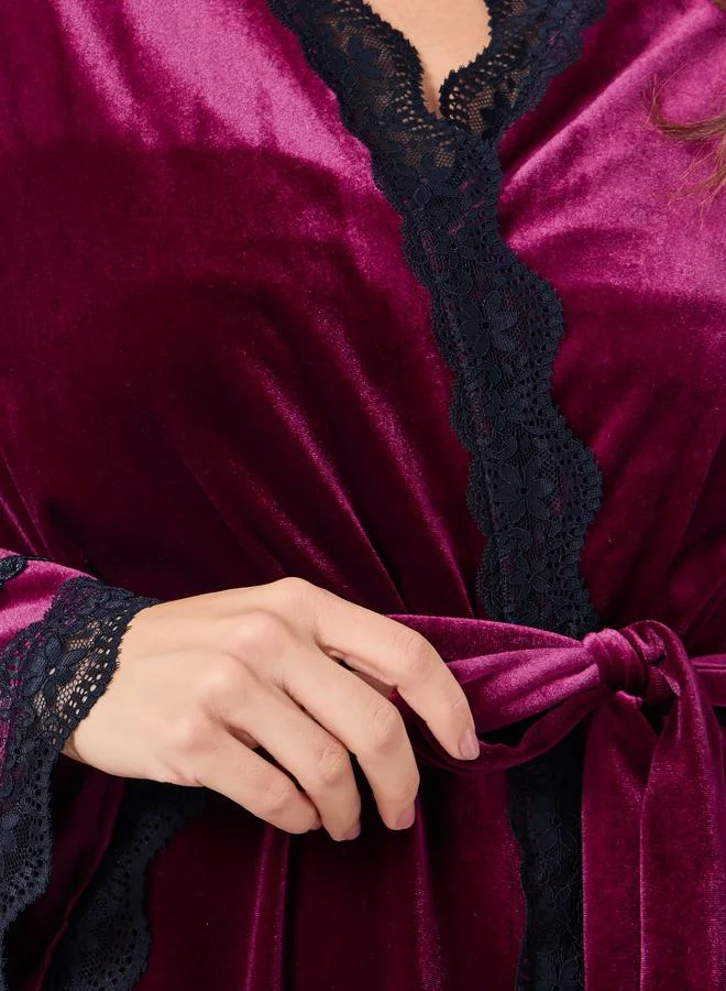 Styli Pack of 2 - Velvet Contrast Strap Slip Dress and Lace Trim Robe