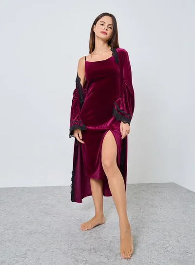 Styli Pack of 2 - Velvet Contrast Strap Slip Dress and Lace Trim Robe