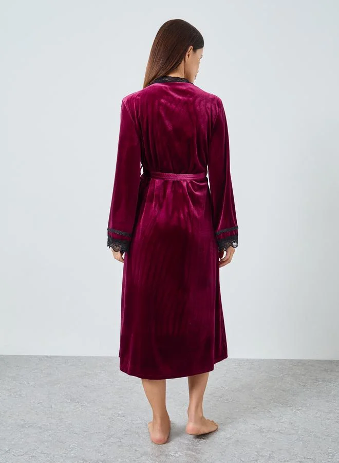 Styli Pack of 2 - Velvet Contrast Strap Slip Dress and Lace Trim Robe