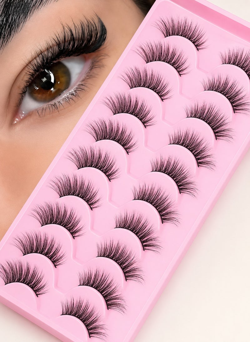MUMO 10 Pairs Natural 3D False Eyelash Half Eyelash, Handmade 3D False Eyelash Set With Transparent Mink Ribbon, Soft Cat Eyelash Looks Like Curled Extension. - Image 1