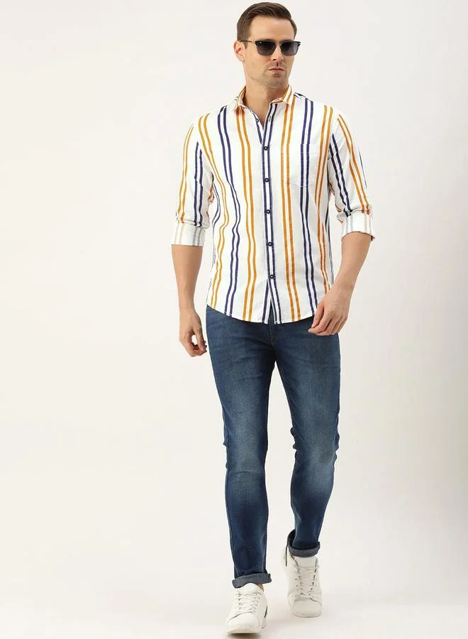 The Indian Garage Co  Men White Striped Slim Fit Casual Shirt for Men | Best Price UAE