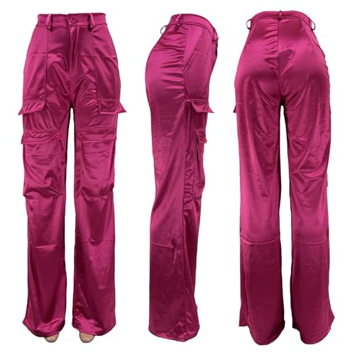 NRTHYE Women High Waisted Satin Cargo Pants Wide Leg Casual Pants Multi Pockets Straight Trousers - Image 5
