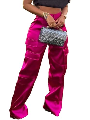 NRTHYE Women High Waisted Satin Cargo Pants Wide Leg Casual Pants Multi Pockets Straight Trousers - Image 1