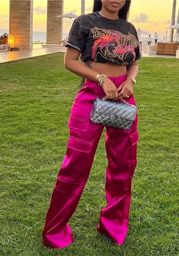 NRTHYE Women High Waisted Satin Cargo Pants Wide Leg Casual Pants Multi Pockets Straight Trousers - Image 2