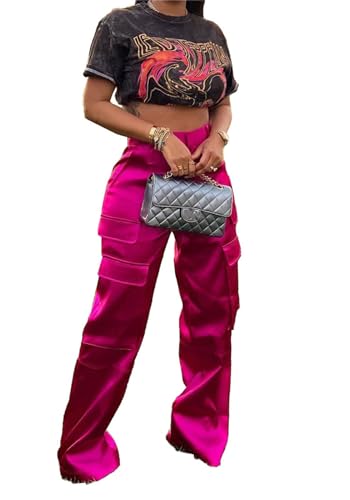 NRTHYE Women High Waisted Satin Cargo Pants Wide Leg Casual Pants Multi Pockets Straight Trousers - Image 3