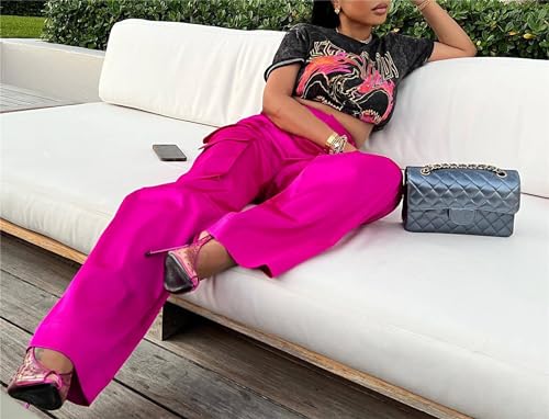 NRTHYE Women High Waisted Satin Cargo Pants Wide Leg Casual Pants Multi Pockets Straight Trousers - Image 4
