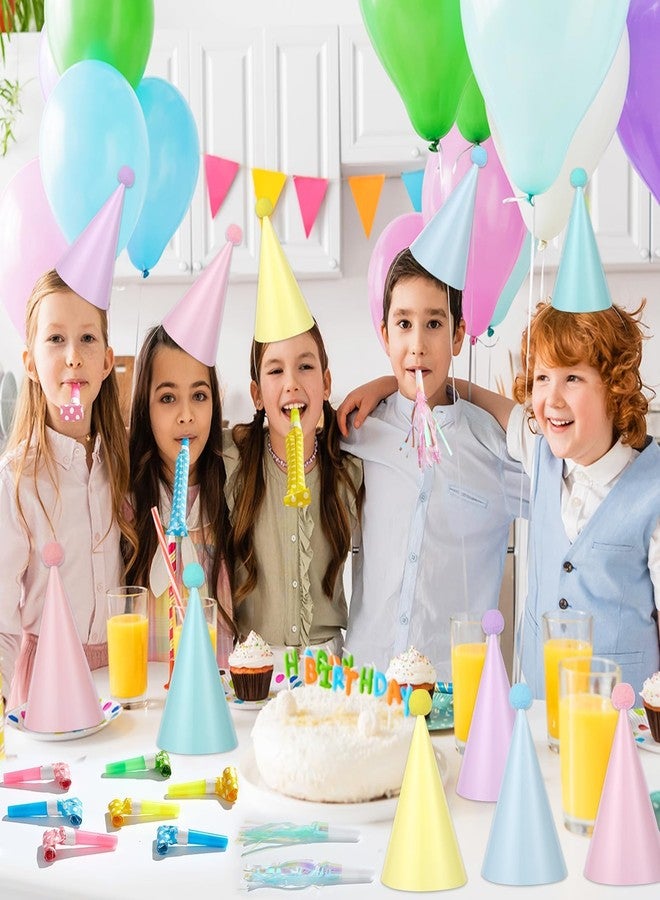 CHUNNIN 66 قطعة من قبعات حفلات عيد الميلاد بألوان قوس قزح، قبعات مخروطية ورقية بألوان الباستيل مع صانعات ضوضاء من الماكارون، قرون حفلات لامعة ملونة ذات شراشيب معدنية للأطفال والكبار، ديكور حفلات الزفاف - Image 5