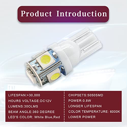 RBOKO 10 قطع لمبة LED 194 6000K ويدج T10 لمبة LED 5SMD 5050 شرائح، 168 T10 2825 5SMD لمبات بديلة DC 12V لسيارة ضوء القبة، خريطة، باب، ضوء ترحيبي، لوحة ترخيص (أبيض) - Image 5