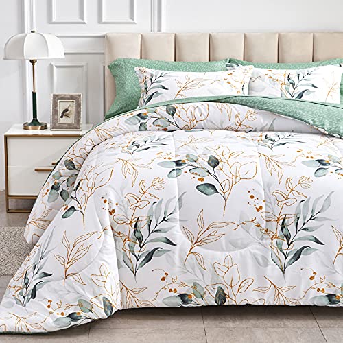 Joyreap 7 Piece Bed in a Bag Queen, Green Leaves Printed on White Botanical Design, Microfiber Set for All Season (1 Comforter, 2 Pillow Shams, 1 Flat Sheet, 1 Fitted Sheet, 2 Pillowcases) - Image 2