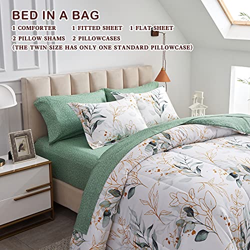 Joyreap 7 Piece Bed in a Bag Queen, Green Leaves Printed on White Botanical Design, Microfiber Set for All Season (1 Comforter, 2 Pillow Shams, 1 Flat Sheet, 1 Fitted Sheet, 2 Pillowcases) - Image 3