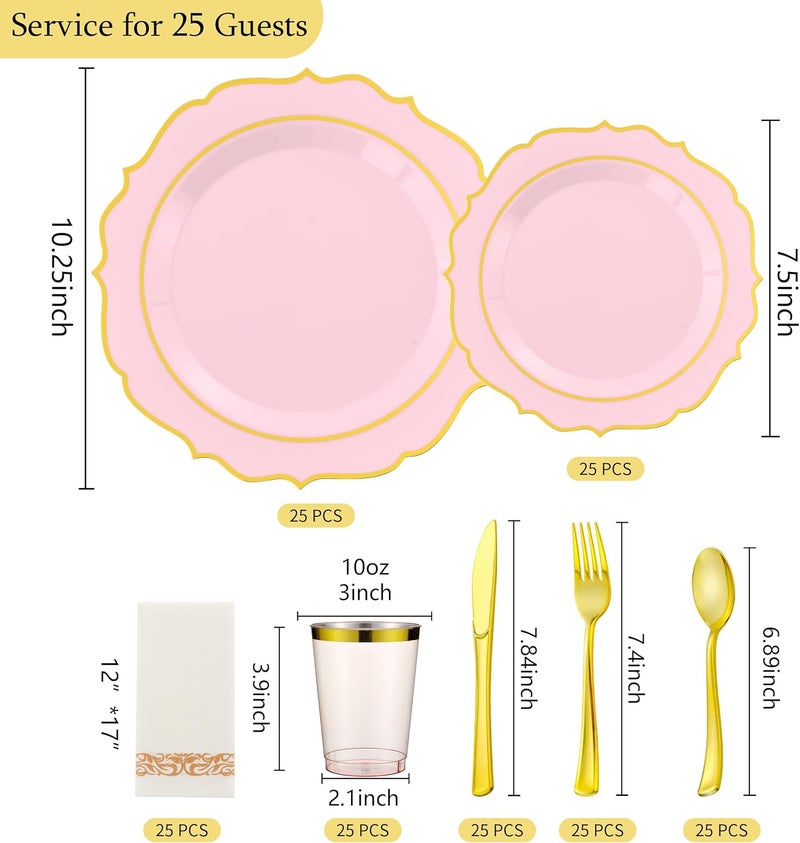 ISFANGCO 175 قطعة من الأطباق البلاستيكية الوردية لـ 25 ضيفًا، مجموعة أدوات مائدة وردية وذهبية يمكن التخلص منها للحفلات والزفاف تشمل 25 طبق عشاء و25 طبق حلوى، ملاعق، شوك، سكاكين، أكواب، 25 منديلًا - Image 3