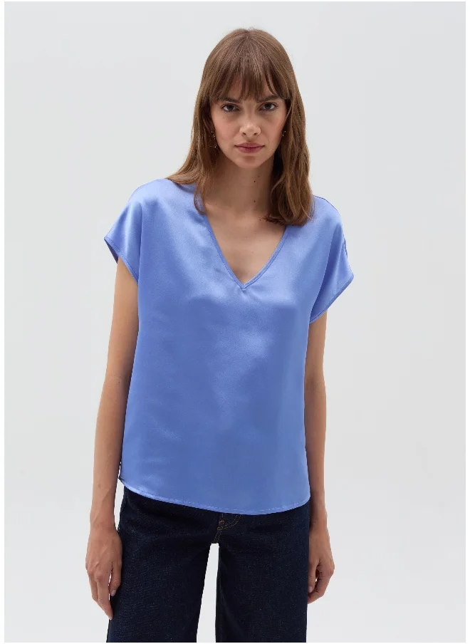 او في اس Satin blouse with V neck
