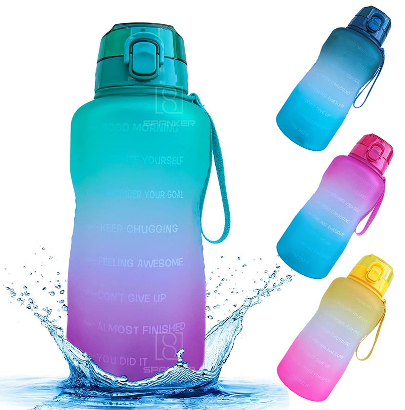 Spanker Plastic Motivational Water Bottle Half Gallon With Time Marker Large Capacity 2000Ml, Leakproof Bpa Free Fitness Sports Water Bottle,(Green-Pink) Sstp - Image 1
