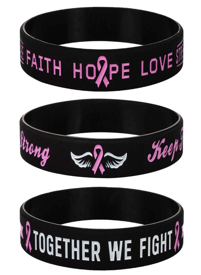 Sainstone Pink Awareness Ribbon Silicone Bracelets with Saying, Mental Health Awareness Bracelets, Cancer & Cause Awareness Wristbands Gift for Men Women, Patients Survivors Family Friends (3-pack) - Image 1