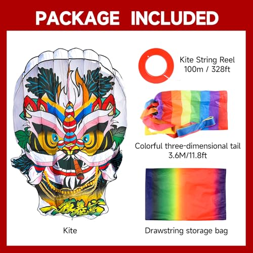 Catch&Hunt Large Kites for Adults,3D Beijing Opera Lion Frameless Soft Umbrella Giant Flying Kites,Easy to Fly with 330Ft Kite String in Beach and Amusement Parks-Ages 12+ (60" W x 90" H) - Image 3