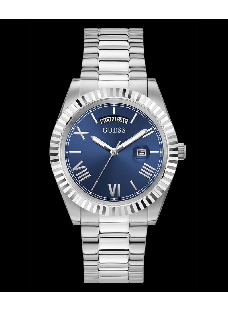 جس ساعة Guess GW0265G7 رجالي كوارتز – إطار وسوار ستانلس ستيل فضّي ومينا أزرق Sunray – 42 مم، عرض اليوم والتاريخ، مقاومة ماء 5 ATM - Image 1