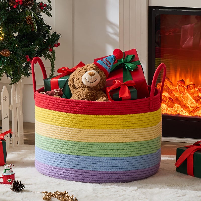 KAKAMAY Large Blanket Basket (20"x13"),Woven Baskets for storage Baby Laundry Hamper, Cotton Rope Blanket Basket for Living Room, Laundry, Nursery, Pillows, Baby Toy chest (Rainbow) - Image 2