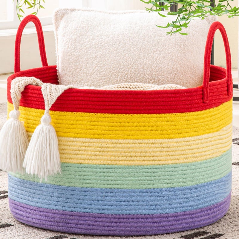 KAKAMAY Large Blanket Basket (20"x13"),Woven Baskets for storage Baby Laundry Hamper, Cotton Rope Blanket Basket for Living Room, Laundry, Nursery, Pillows, Baby Toy chest (Rainbow) - Image 1