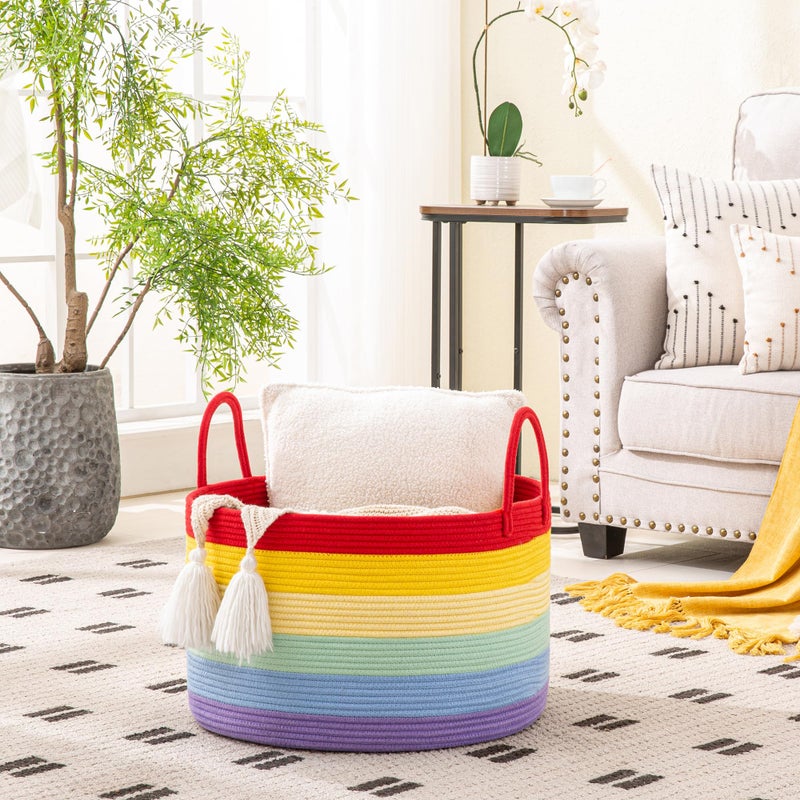 KAKAMAY Large Blanket Basket (20"x13"),Woven Baskets for storage Baby Laundry Hamper, Cotton Rope Blanket Basket for Living Room, Laundry, Nursery, Pillows, Baby Toy chest (Rainbow) - Image 3