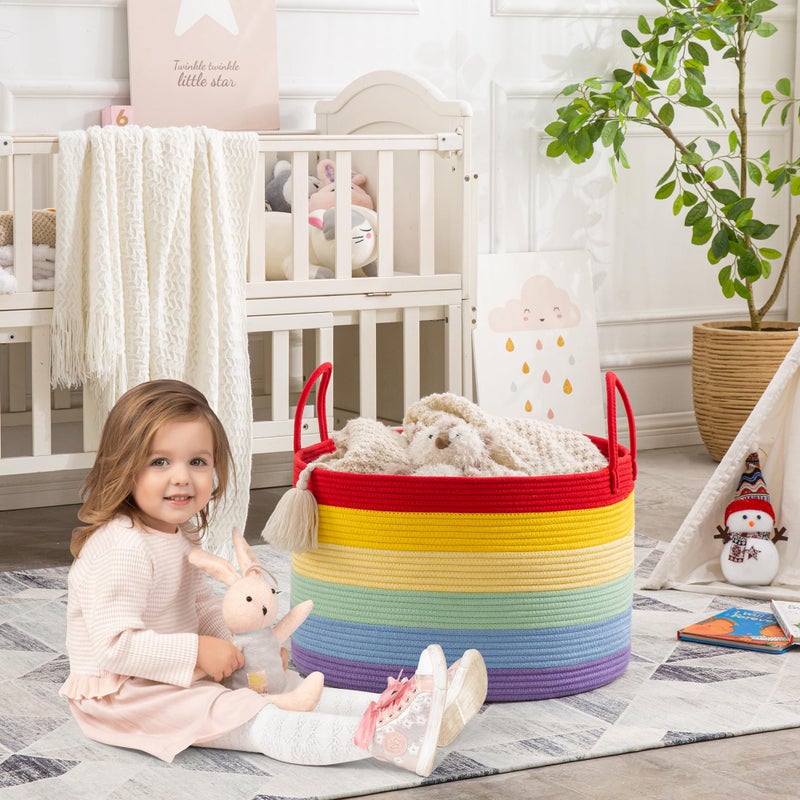 KAKAMAY Large Blanket Basket (20"x13"),Woven Baskets for storage Baby Laundry Hamper, Cotton Rope Blanket Basket for Living Room, Laundry, Nursery, Pillows, Baby Toy chest (Rainbow) - Image 4