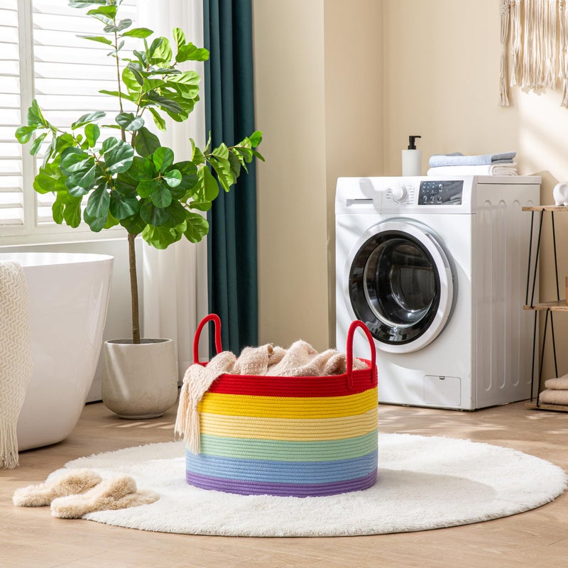 KAKAMAY Large Blanket Basket (20"x13"),Woven Baskets for storage Baby Laundry Hamper, Cotton Rope Blanket Basket for Living Room, Laundry, Nursery, Pillows, Baby Toy chest (Rainbow) - Image 5