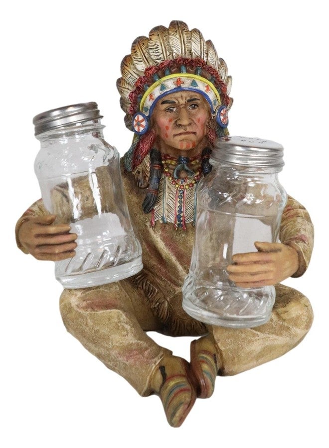 Ebros Gift Southwest Native American Indian Warrior Chieftain With Headdress Roach Decorative Salt And Pepper Shakers Holder Figurine Set Cultural Heritage Kitchen Accent - Image 1