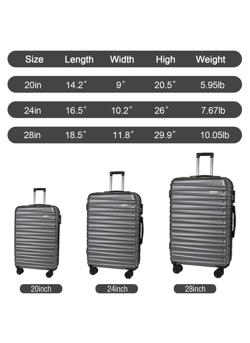 Aklsvion - Aklsvion 3 Piece ABS Hardside Spinner Luggage Hard Suitcase Trolley Set 20/24/28 Inch Spinner Wheels with Number Lock Luggage Collection Set of 3 Travel Luggage Bag Grey - Image 1
