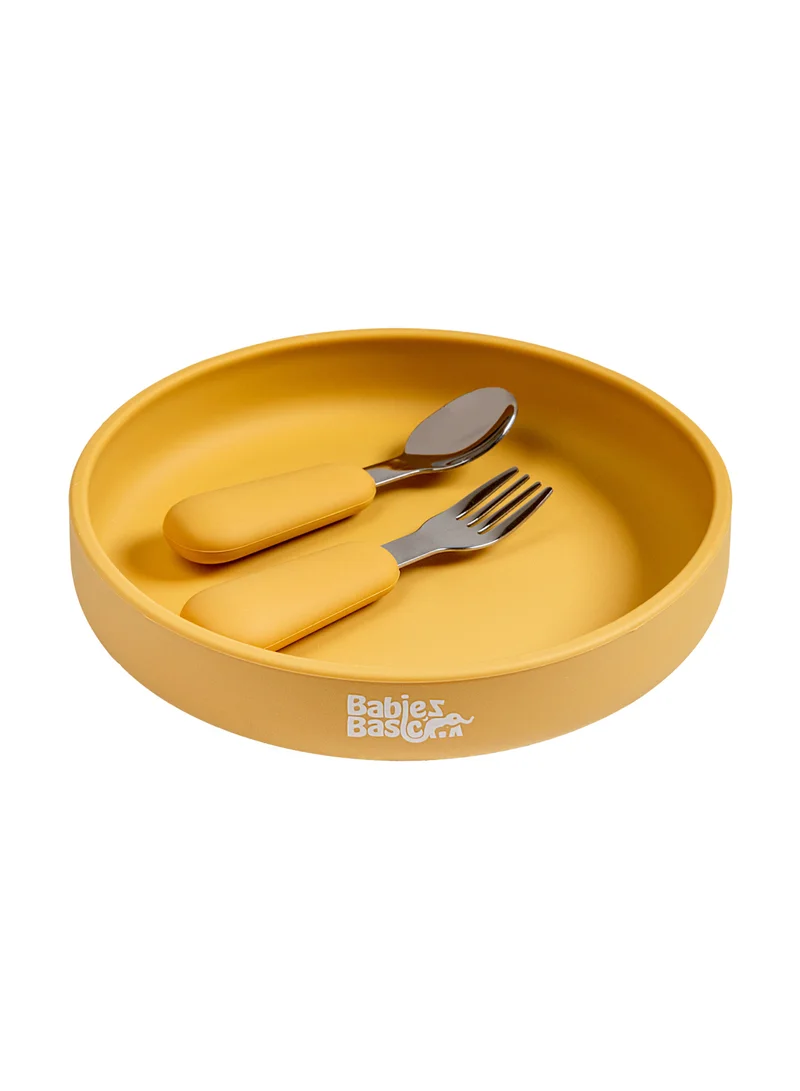 Babies Basic Babies Basic Silicone Feeding Set with Silicone Suction Plate, Spoon and Fork  - Yellow