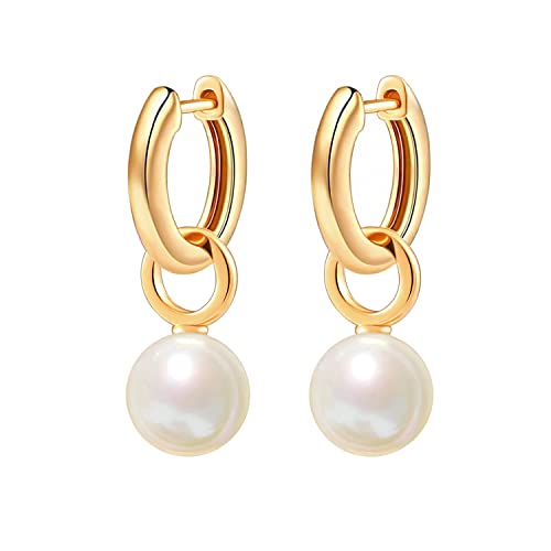 PEARLADA 18K Gold Dainty Huggie Hoop Earrings for Women Dangle Drop Round Shell Pearl Earrings Trendy Jewelry for Mother's Day Gifts - Image 1