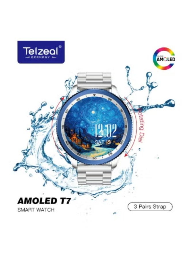 Telzeal AMOLED T7 Smartwatch – 50M Waterproof Fitness Tracker with Silver Display, Heart Rate & Sleep Monitor, Multi-Sport Modes, Notifications, Long Battery Life – For Android & iOS - Image 1