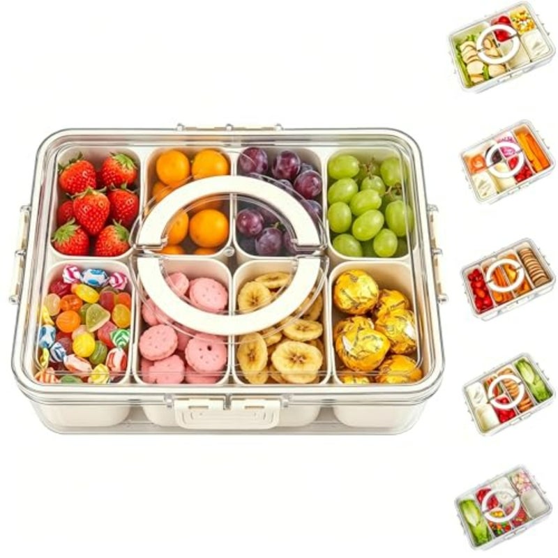 Divided Serving Tray with Lid and Handle - Snackle Box Charcuterie Container for Portable Snack Platters - Clear Organizer for Candy, Fruits, Nuts, Snacks - Perfect for Party, Entertaining - Image 1
