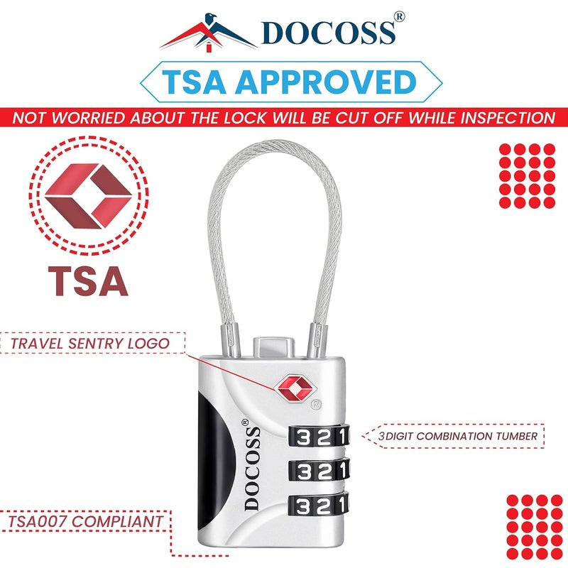 DOCOSS -Set of 2- Metal Cable TSA Locks for Luggage, Number Lock for Bag 4 Digit Small Locks for Luggage TSA Lock Combination Password Locks for Travel (Black,Silver) - Image 2