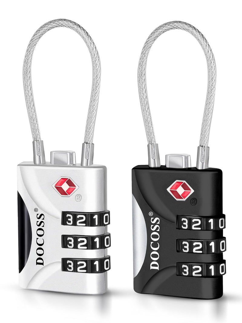 DOCOSS -Set of 2- Metal Cable TSA Locks for Luggage, Number Lock for Bag 4 Digit Small Locks for Luggage TSA Lock Combination Password Locks for Travel (Black,Silver) - Image 1