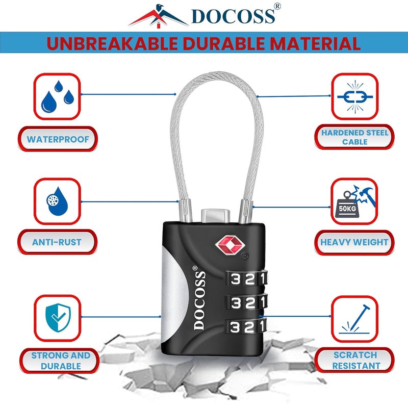 DOCOSS -Set of 2- Metal Cable TSA Locks for Luggage, Number Lock for Bag 4 Digit Small Locks for Luggage TSA Lock Combination Password Locks for Travel (Black,Silver) - Image 5