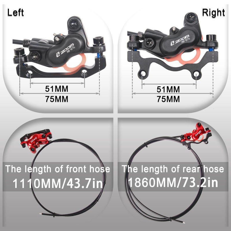 BUCKLOS Zoom HB876E 2-PIN 4 Pistons E-Bike Electric Power Off Hydraulic Disc Brake Set,Left Front 1100mm Right Rear 1850mm Aluminum Alloy Lever with Caliper is/PM Adapter for ebike/MTB Mountain Bikeâ€¦ - Image 5