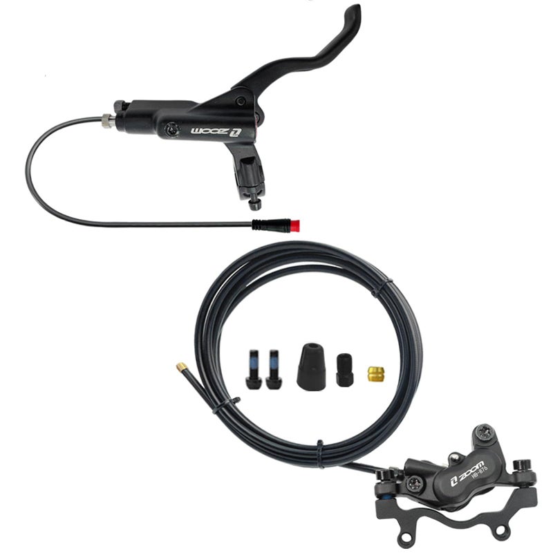 BUCKLOS Zoom HB876E 2-PIN 4 Pistons E-Bike Electric Power Off Hydraulic Disc Brake Set,Left Front 1100mm Right Rear 1850mm Aluminum Alloy Lever with Caliper is/PM Adapter for ebike/MTB Mountain Bikeâ€¦ - Image 1