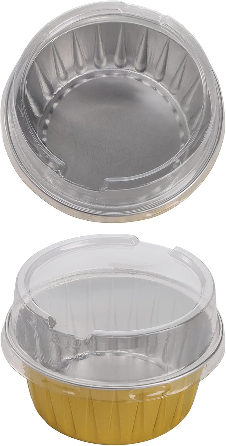 DEAYOU 100 Pieces Aluminum Foil Muffin Cupcake Ramekins, 5oz Cupcake Liners with Lids, 3 Inch Mini Tart Tins Pans Baking Cups Holder for Souffle, Pudding, Parties, Wedding, Gold - Image 3