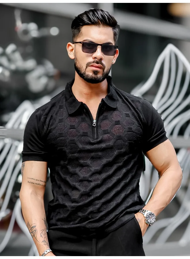 مانياك تيشيرت بولو رجالي قطن أسود بنصف سحاب وأكمام قصيرة