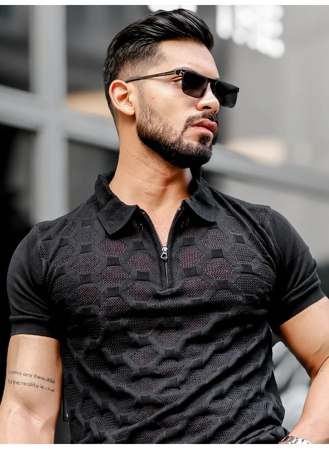 مانياك تيشيرت بولو رجالي قطن أسود بنصف سحاب وأكمام قصيرة