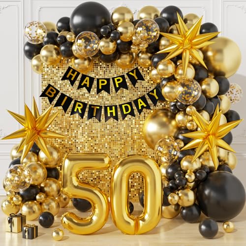 Sllyfo 50th Birthday Decorations for Men and Women Happy 50th Birthday Banner Balloons Arch Kit Black and Gold 50 Balloon Numbers 50th Party Decorations for Him and Her - Image 1