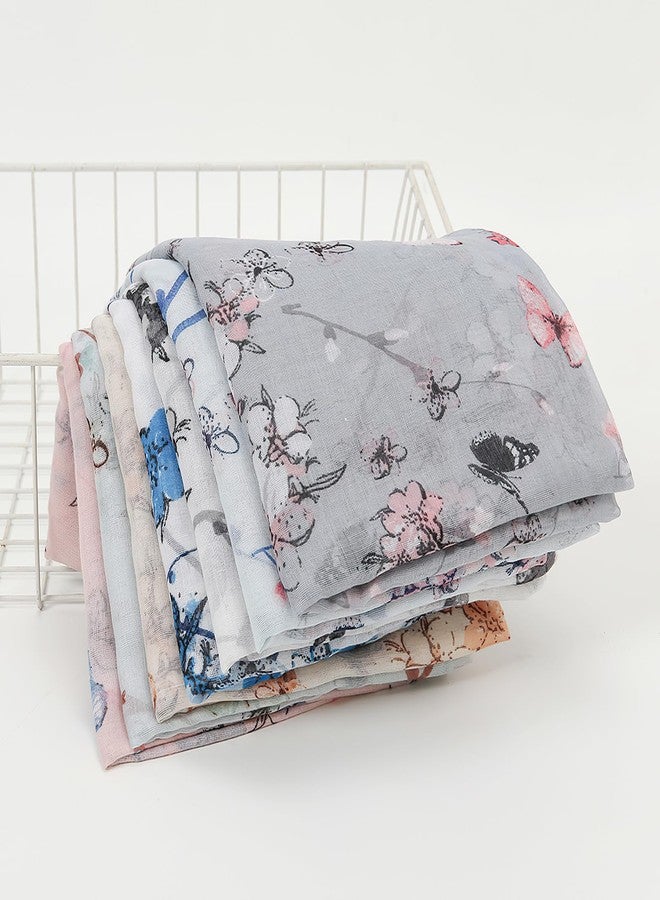 وشاح نسائي خفيف الوزن من فيميت - وشاح شال أبيض مزين بنقوش زهور رمادية خفيفة الوزن لفصل الشتاء (النمط 21) - Image 5